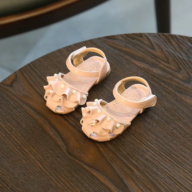 

2018 new 11.8-15CM baby first Sandals Baby Pu Leather Ruffles Pearls Princess Dress Shoes Toddler Girls Closed Toes Sandals