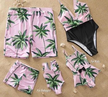 

Family Matching Clothe Mother Daughter Father Son Matching Swimsuits Bikini Mommy and Me Clothes Leaf Print Family Look Swimwear