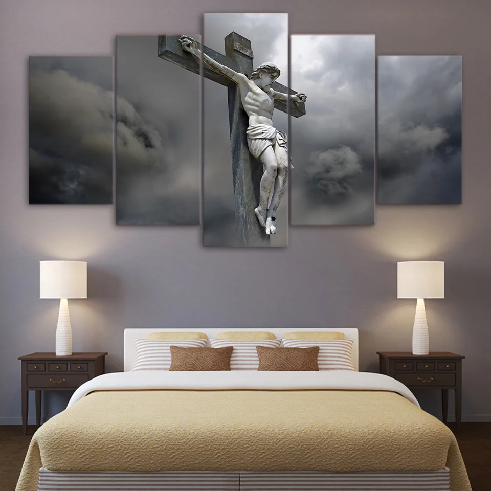 Jesus Statue Cross Religious 5 Piece Canvas Framed Printed Wall Art Home Decor