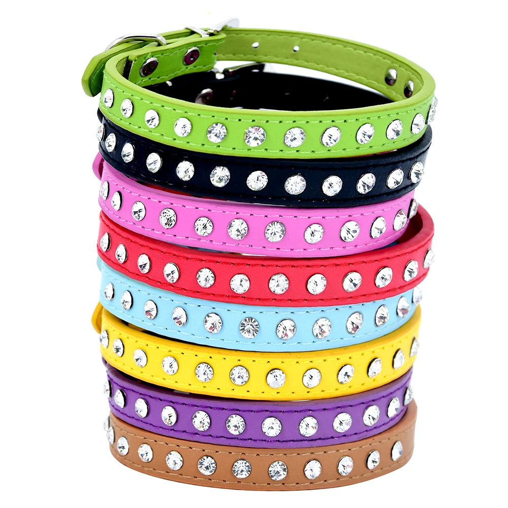 

8pcs/lot Leather Dog Collar Diamond Pet Cat PU Leather Leash for Dogs 1 Rows Rhinestone Necklace Puppy Collar Pet Accessories