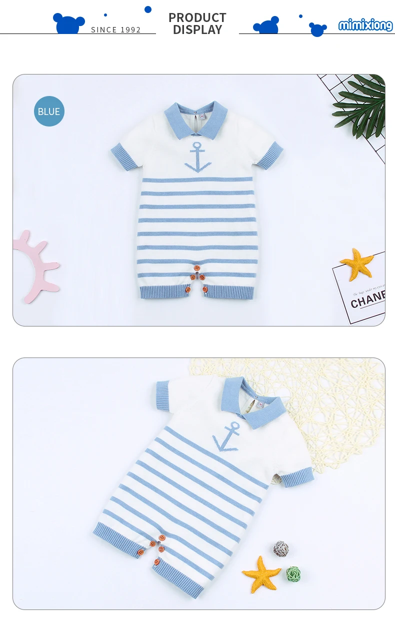 Macacão de Bebê Recém nascidos de Manga Traje de Uma Verão Tarja Crochê Bebê Menina Menino Macacão Crianças Jumpsuit Roupas Curta Azul Peça 8 China summer baby rompers Suppliers