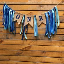 Custom Blue Pink Ribbon One First Birthday Banner Baby Girl Boy Bunting Princess Flag Baby Shower Party Decorate Nursery Garland