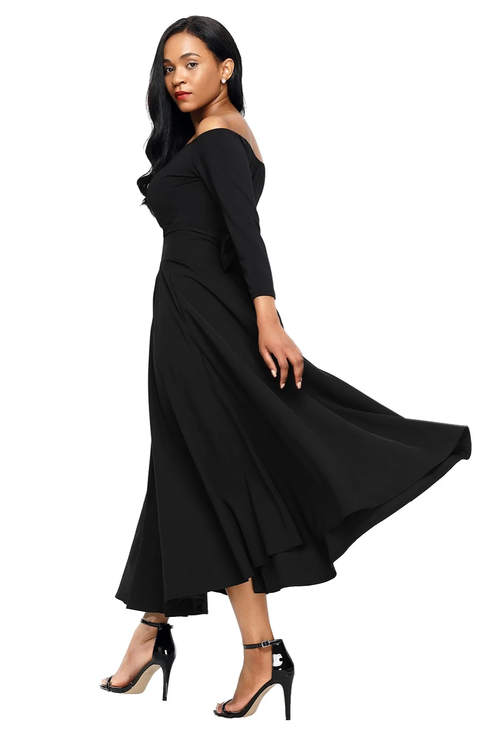 Black-Retro-High-Waist-Pleated-Belted-Maxi-Skirt-LC65053-2-2