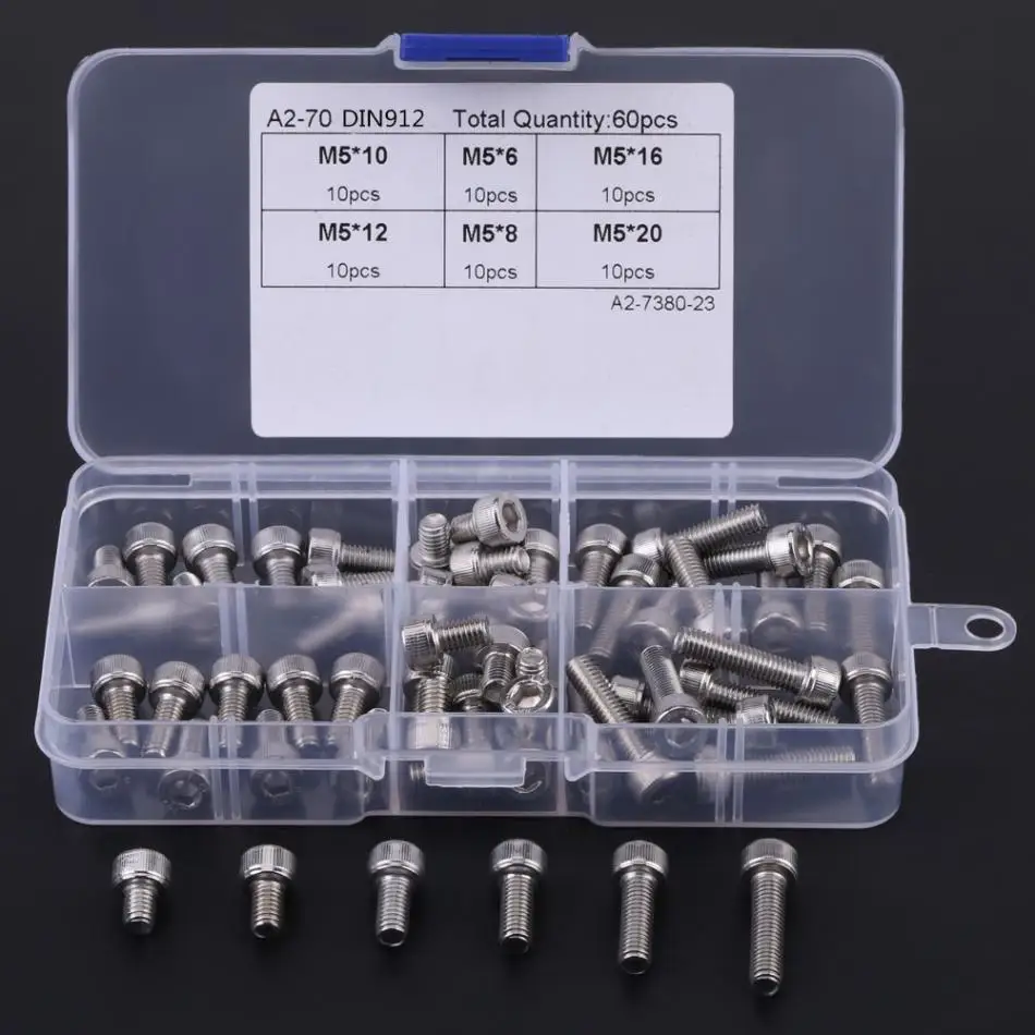 

60Pcs/Set M5 Stainless Steel Hex Socket Screws Cap Head Screw Assortment Kit Fasteners tornillos Big Promotion