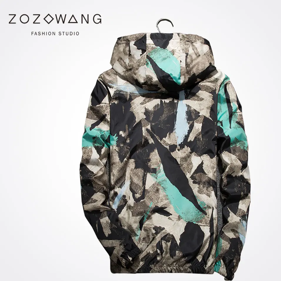 Zozowang new spring autumn plus size casual short jacket men high quality  print camouflage zipper hooded jacket coat men 