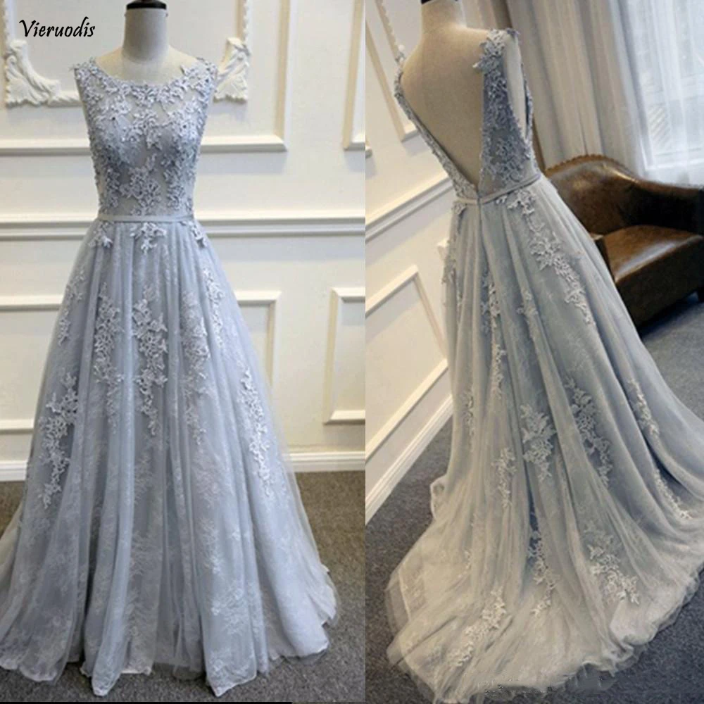 

2019 Sky Blue Formal A-line Evening Dresses Sexy Backless Lace Appliques Long Prom Party Gowns Occasion Party