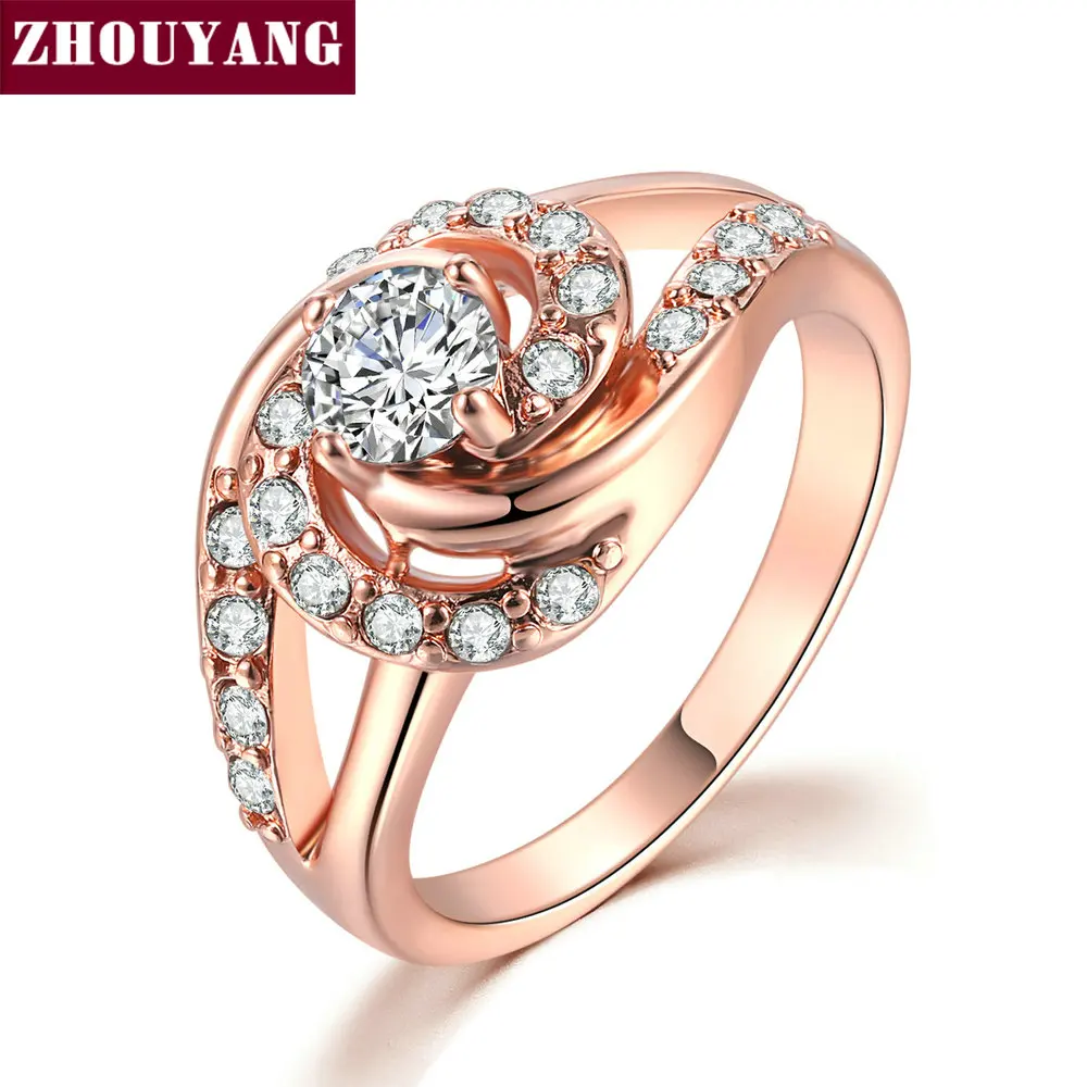 ZHOUYANG, обручальное кольцо для женщин, розовое золото, четыре когтя, спиральный дизайн, роскошный кубический цирконий, подарок, модное ювелирное изделие R780