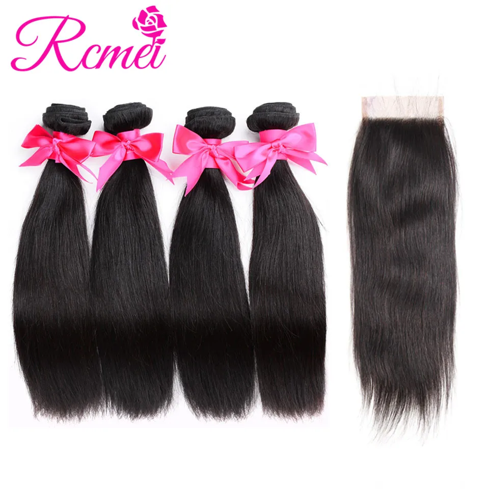 Straight Hair Bundles With Closure Peruvian Hair Weave 4 Bundles With Lace Closure Double Weft Human Hair Bundles Non Remy Rcmei