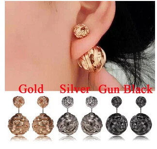 

Hot Selling Gold Silver Black Gold Plated Earrings Two Ball Pearls Stud Earrings Fashion Iron Pearl Women Earrings