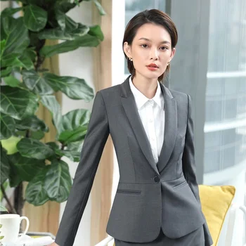 

High Quality Fabric Uniform Designs Jackets Business Blazers Coat For Women Ladies Female Outwear Tops Clothes Elegant Grey