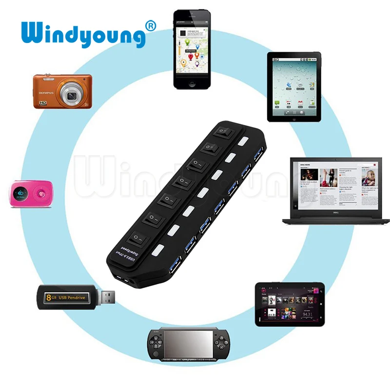 Windyoung USB3.0 концентратор 7 портов с зарядкой питания и переключателем несколько USB адаптер питания светодиодный Переключатель ВКЛ/ВЫКЛ разветвитель для ПК ноутбука