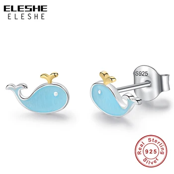 

ELESHE Blue Enamel Fish Dolphin 925 Sterling Silver Earrings with Gold Crown Earring for Women Girls Kids Children Jewelry