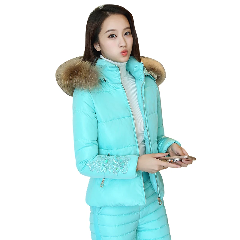 

Winter jacket Women Clothing Cotton Clothing Set Leisure 2 Piece Set Fur collar Hooded Tops+Long Pants Fashion Keep Warm Coat