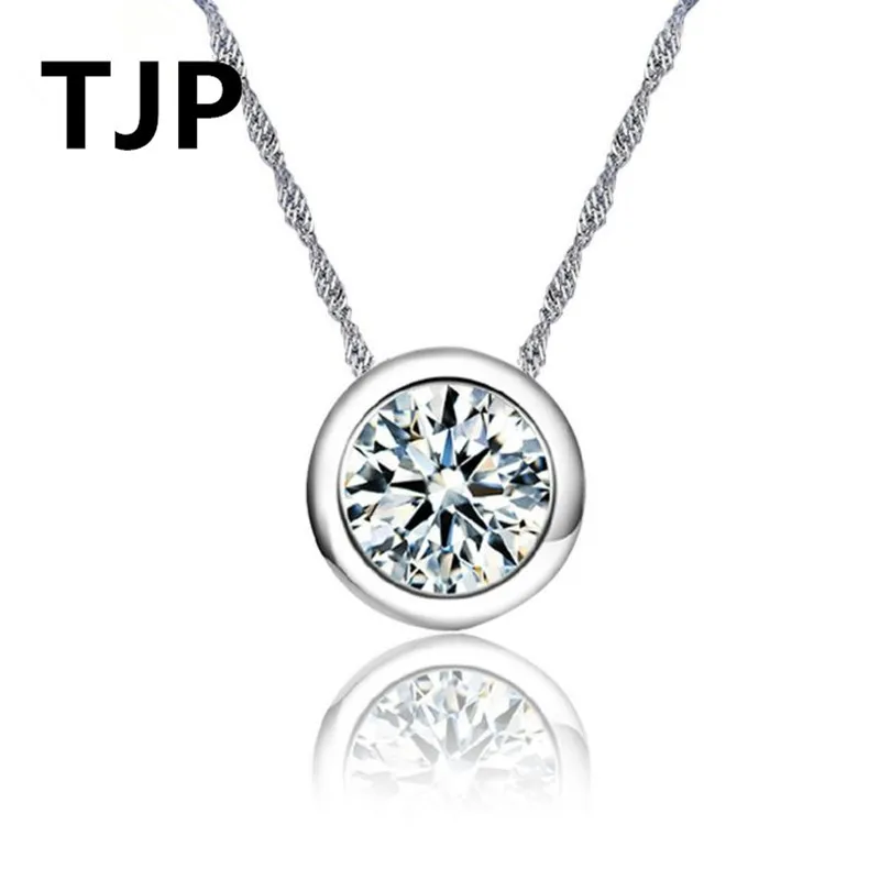

TJP Lovely Clear Round Crystal Choker Necklaces For Girl Party 925 Sterling Silver Pendants Necklace For Women Engagement Gift