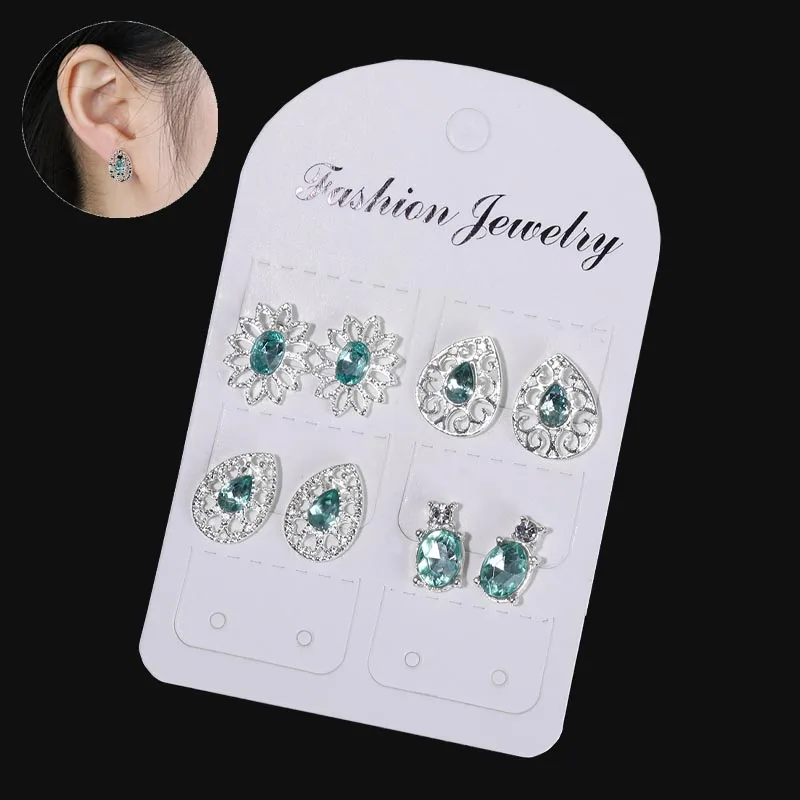 

4 Pairs/Set Blue Crystal Flower Stud Earrings for Women Elegant Wedding Boucle Jewelry Dazzling Cubic Zirconia Brincos Ear Stud