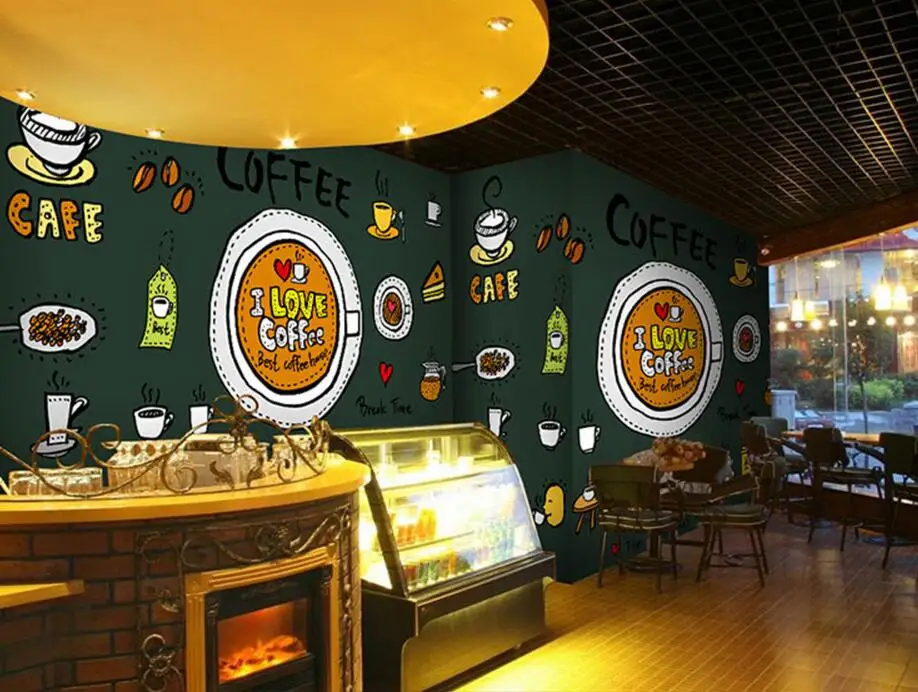 Kustom retro wallpaper, Kopi icon, 3D kartun mural untuk cafe