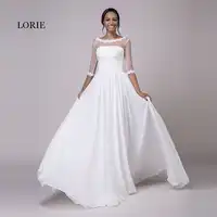 LORIE Wedding Dresses with Sleeves Scoop A-Line Appliques Chiffon Real Cheap Princess Bride Dress Lace up Backless Wedding Gown