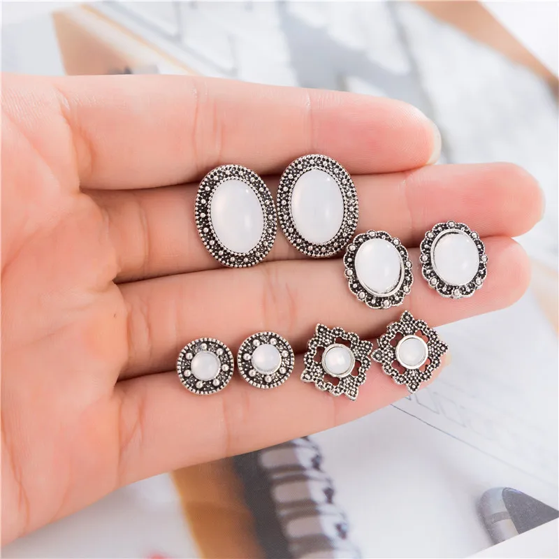 

4Pairs/Set White Opal Stone Stud Earrings Vintage Hollow Alloy Earring Set For Women Party Statement Jewelry Boucle D'oreille