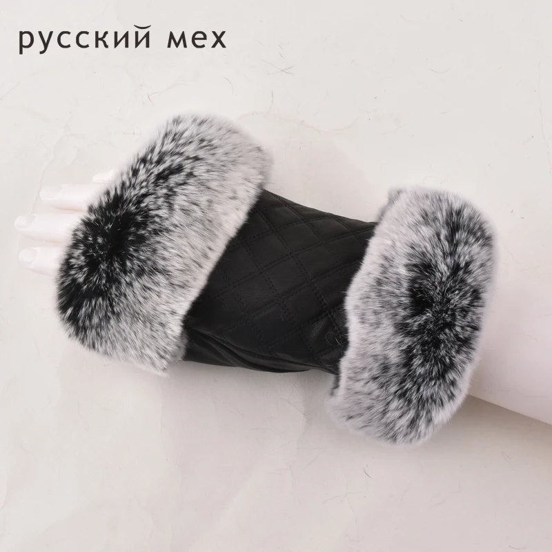 Женские перчатки из натуральной кожи зимние модные с полупальцами овечьей шкуры