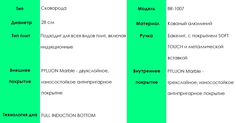 BR-1007 Сковорода Bollire VENEZIA 28 см, Подходит для всех видов плит, включая индукционные, Технология дна FULL INDUCTION BOTTOM, Внутреннее покрытие PFLUON Marble- трехслойное, износостойкое антипригарное покрытие