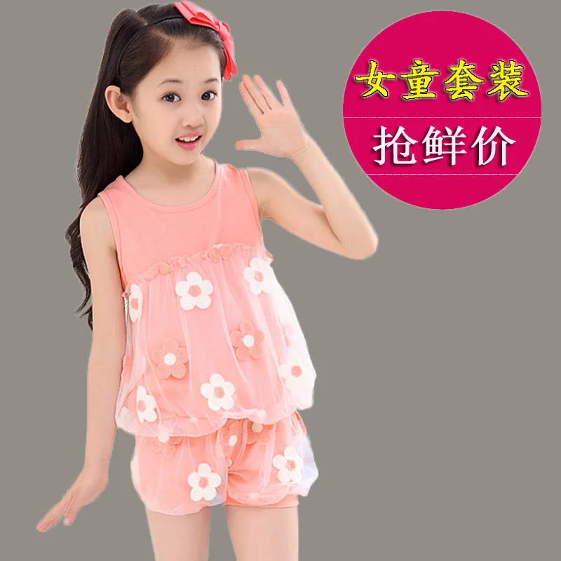 

2017 fashion summer children clothing sets girl outfits Denim short vest jackets cotton kids cartoon tops skirt suits clothes