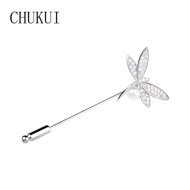 

CHUKUI Inect Dragonfly Lapel Pins for Men Brooches Pearl Crystal Brooch Pins Silver