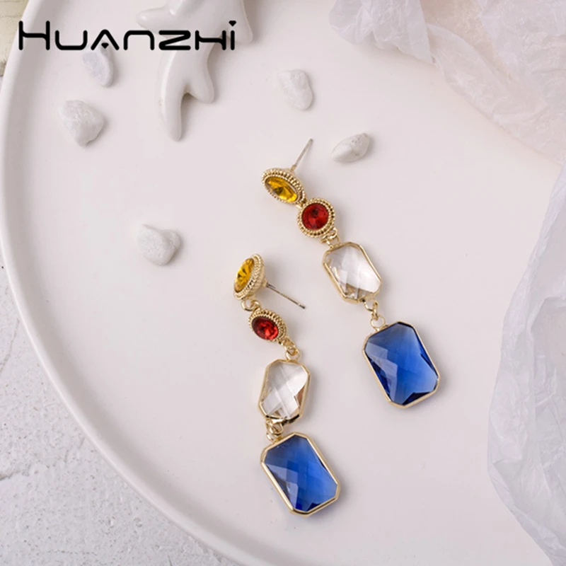 HUANZHI 2019 Luxury Colorful Baroque Metal S925 Silver Rhinestone Exaggeration Long Drop Earrings for Women Wedding Party Girls | Украшения
