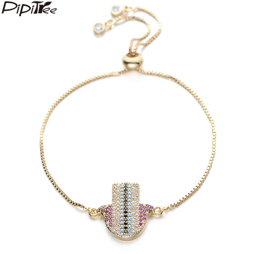 

Pipitree Luxury Copper Cubic Zirconia Large Hamsa Hand Bracelet Men Women's Jewelry Gold Color Adjustable Chain Charm Bracelets