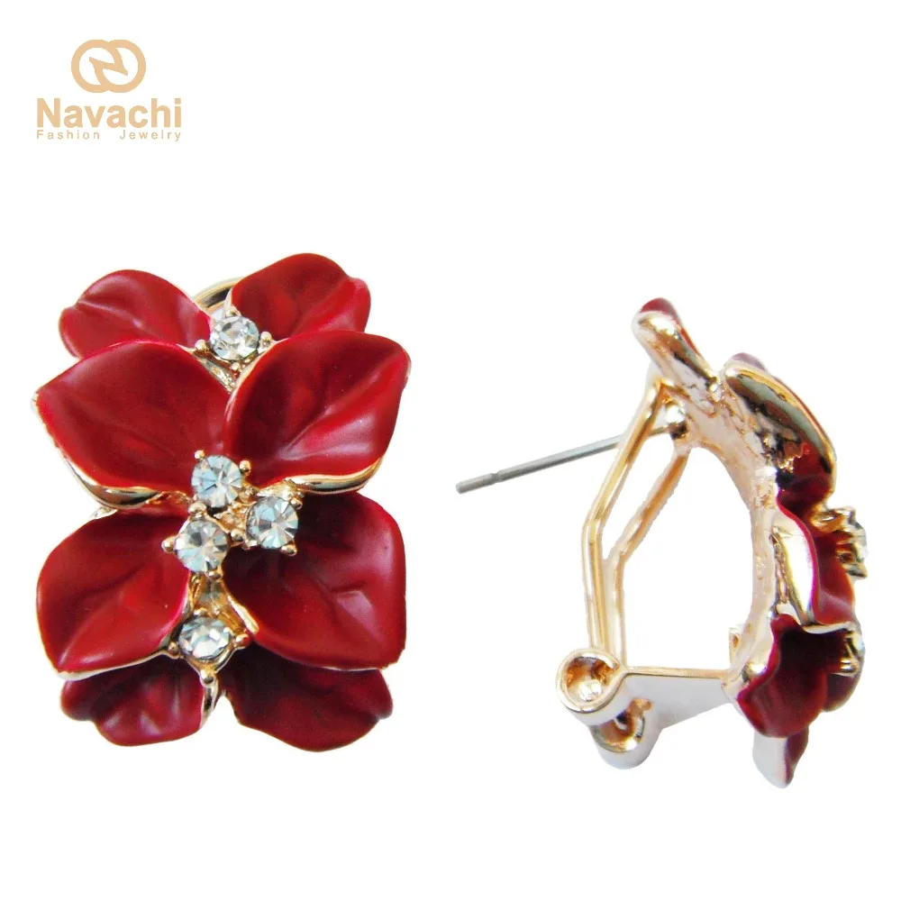 Navachi Красный Эмаль Листья цветок желтый GP прозрачный горный хрусталь, страз серьги-гвоздики оптом SMT2865