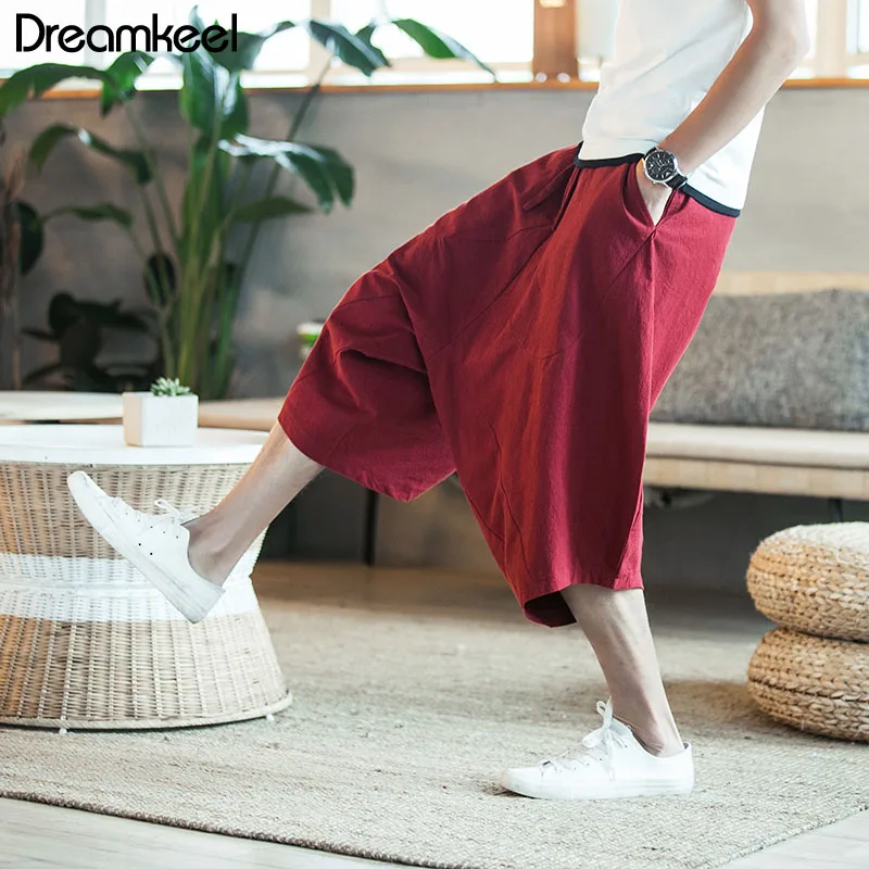 

Men Pants Men's Wide Crotch Harem Pants Loose Large Cropped Trousers Wide-legged Bloomers Chinese Style Flaxen Baggy Y