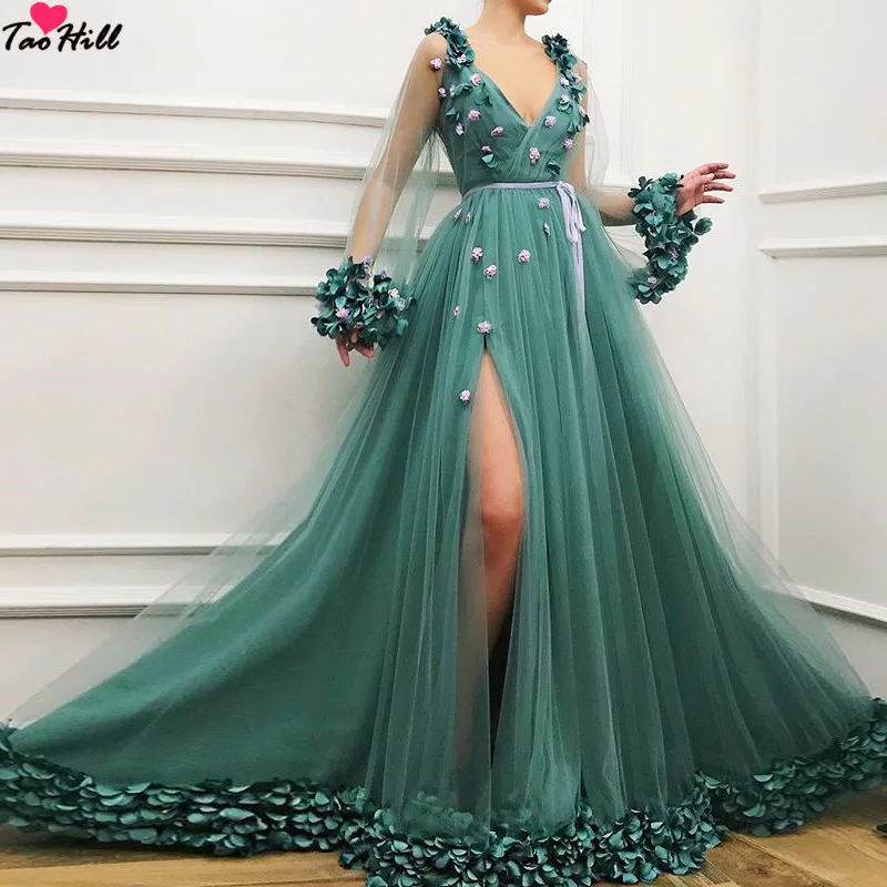 

TaoHill New Fashion A-line Elegant Long Sleeve Evening Dress Sexy V-neck Little Flowers Side Slit Prom Dresses 2019