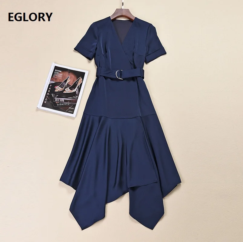 

New 2019 Summer Fashion Office Dress High Quality Business Women V-Neck Buckle Belt Patchwork Asmmetrical Blue Orange Dress OL