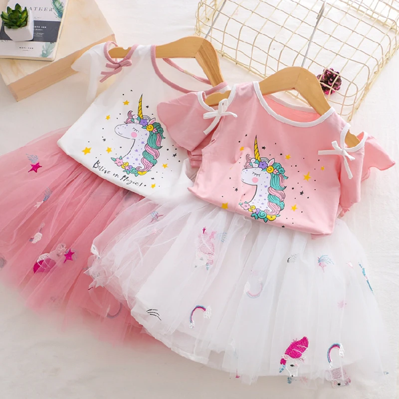 

2019 New Summer Kids Girls Clothes Set Unicorn Short T-shirt + Unicorn Ball Gown Unicorn Dress 2pcs Clothing Sets 3 8Y
