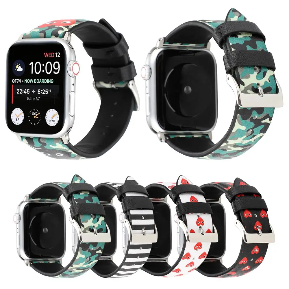 

YUKIRIN Dots Red Heart Genuine Leather Band for Apple Watch Series 4 3 2 1 Camouflage Bracelets Strap for iWatch 38 42mm 40 44mm