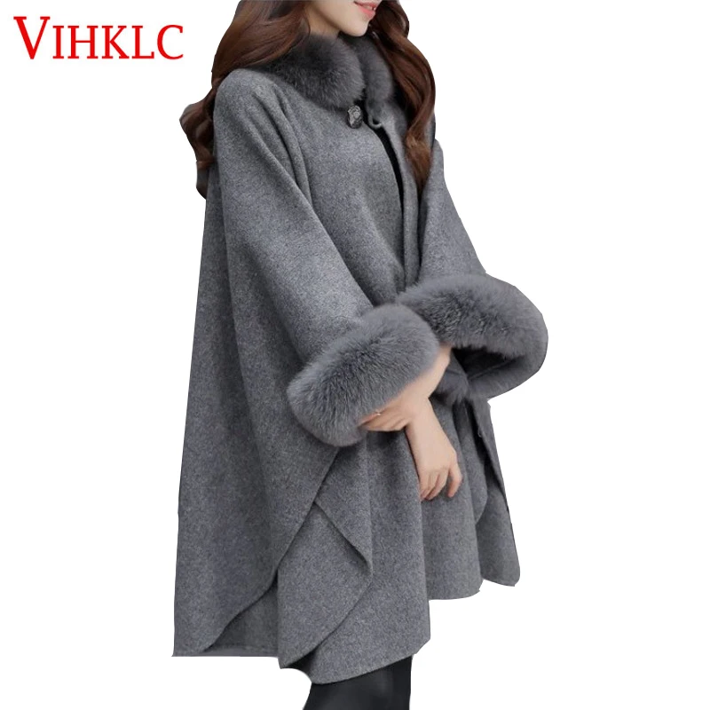 

Women Fashion Poncho Coat 2018 New Autumn Winter Casual Imitation Fox Fur Wool Woolen Elegant Cardigan Cloak Shawl Female T615
