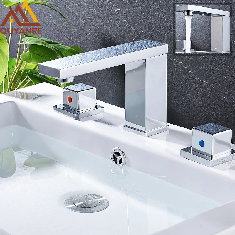 

Chrome Polished Deck Mounted Basin Faucet Widespread Dual Handles Triple Holes Bathroom Faucet 3pcs Sink Mixer Hot Cold Taps