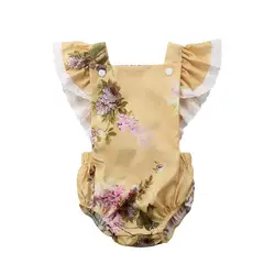 Комбинезон без рукавов с кружевом и цветочным рисунком для новорожденных девочек; боди; цельнокроеные наряды; одежда для маленьких девочек