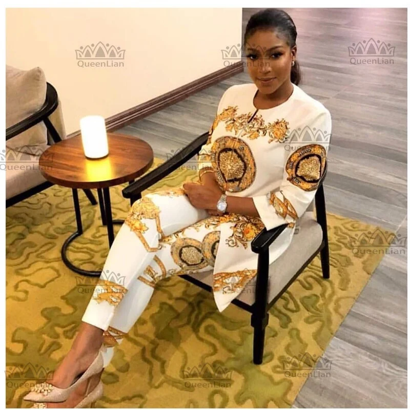 

3 Colors (L-XXXL) New African Print Elastic Bazin Baggy Pants Rock Style Dashiki Sleeve Famous Suit For Lady CPTZ01#