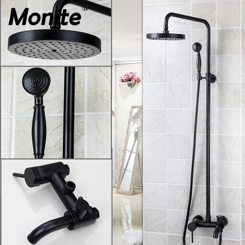 

Monite Black Rain Head Bathroom Shower Set Faucet Black Finished 3 Functions Rainfall Shower Mixer Tap With Hand Shower Faucets