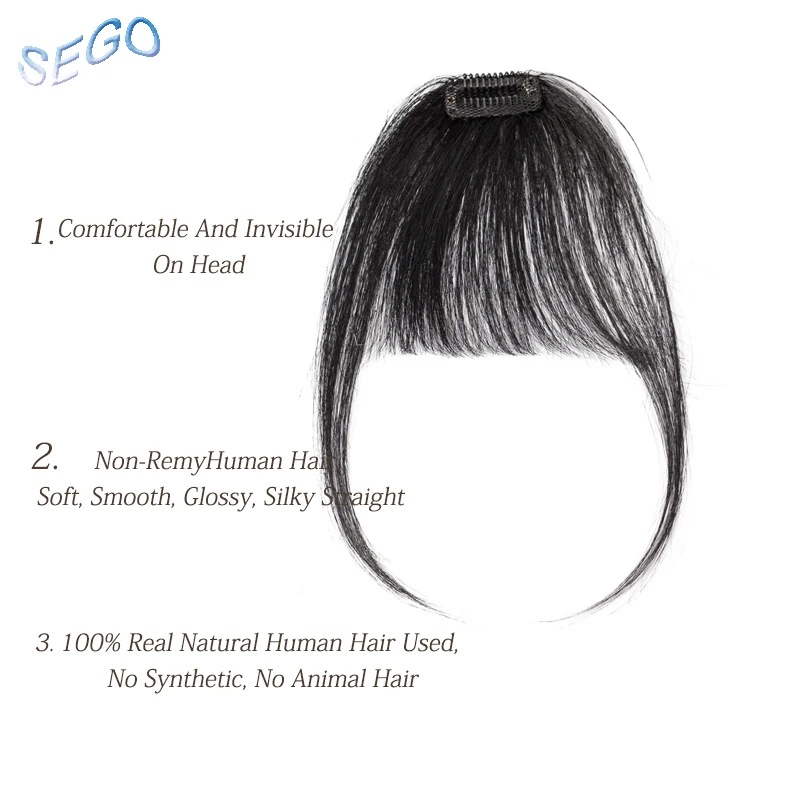 SEGO Straight Pure Color Blunt Air Bangs Two Side Bangs Front Hair Fringes Clip in Non-Remy Human Hair Neat Women Fringes 3g