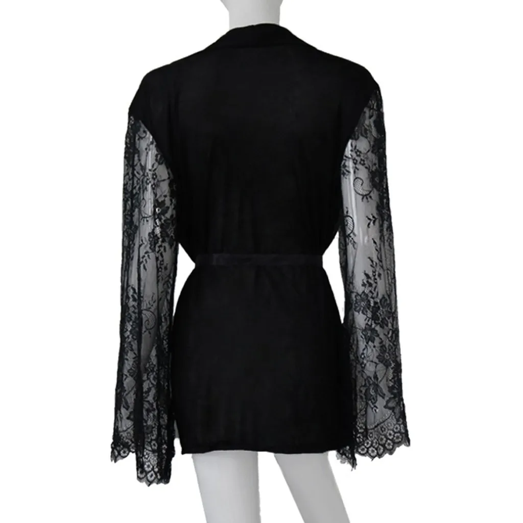 Женский Атласный халат кружевной Шелковый с длинным рукавом и поясом свободная