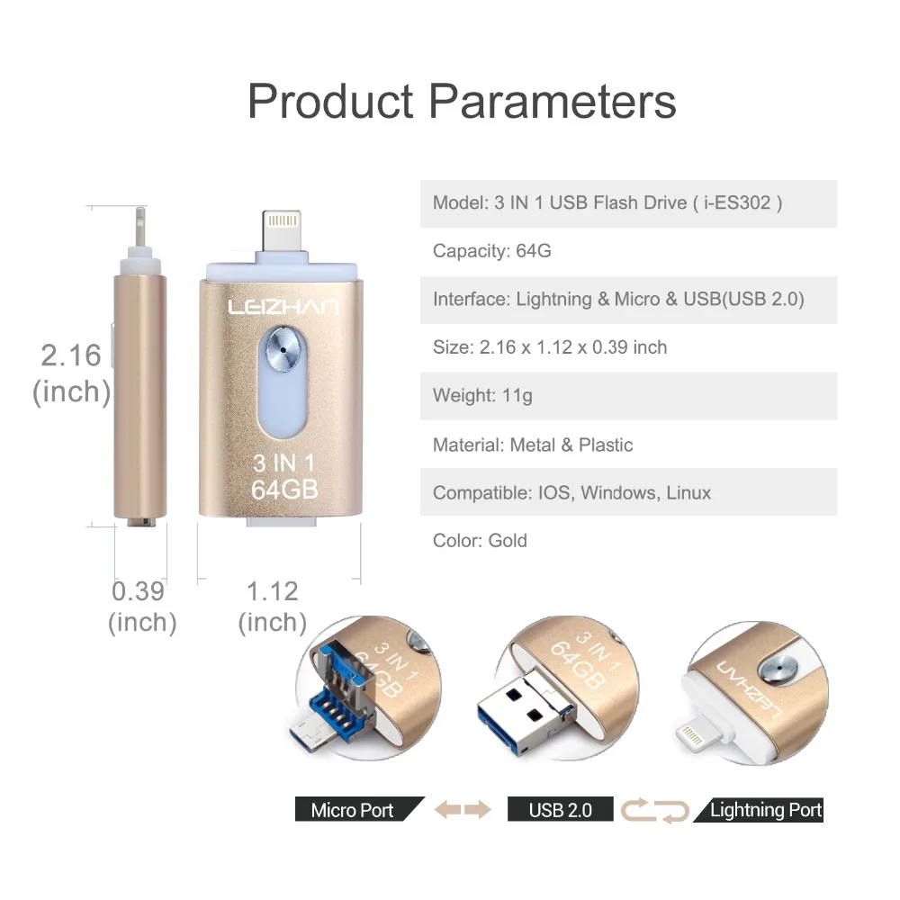 USB флеш накопитель LEIZHAN с разъемом lightning Micro 3 0 для iPhone металлический 64 ГБ 32 128 Android