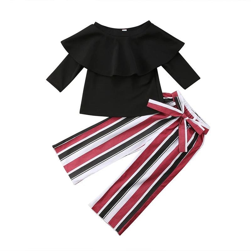 

Fashion New Toddler Kids Girl Off shoulder Long Sleeve Blouse T-shirt Tops+High Waist Striped Wide Leg Pant 2PCS Clothing Set