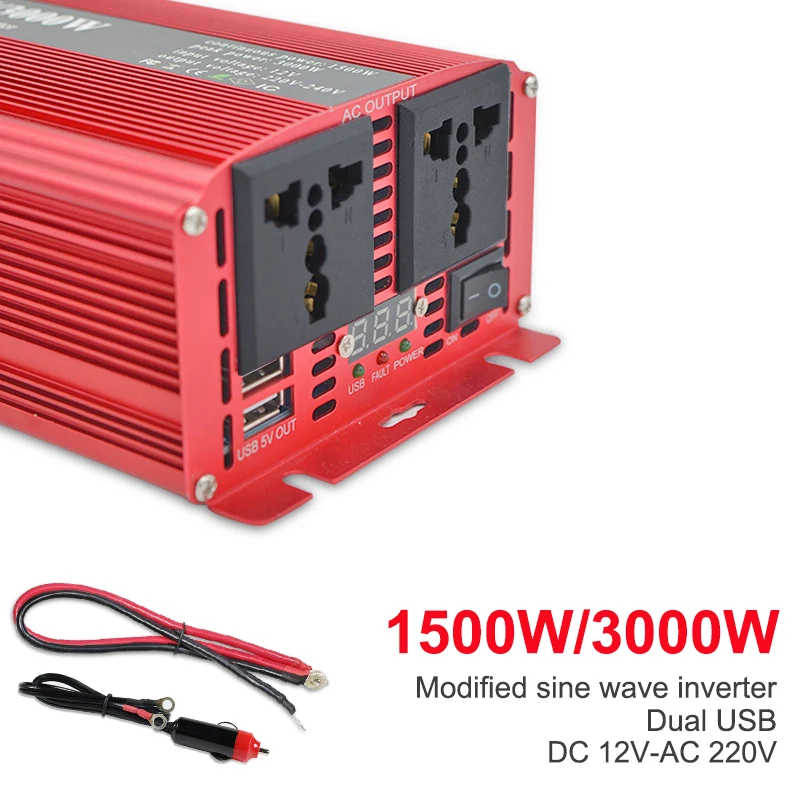 

LED display Power Inverter Car Converter Replaceable fuses 3000W DC12v to 220v AC with dual USB Vehicle Power Supply Switch