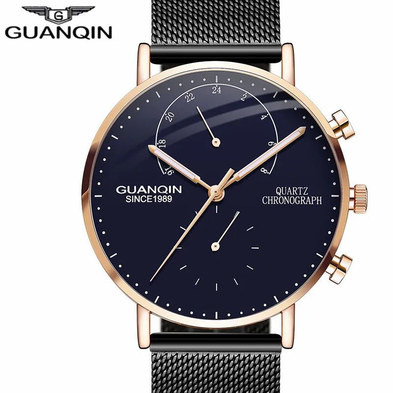 

New Guanqin Mens Watches Top Brand Luxury Chronograph Luminous Hands Clock Men Business Casual Creative Mesh Strap Quartz Watch