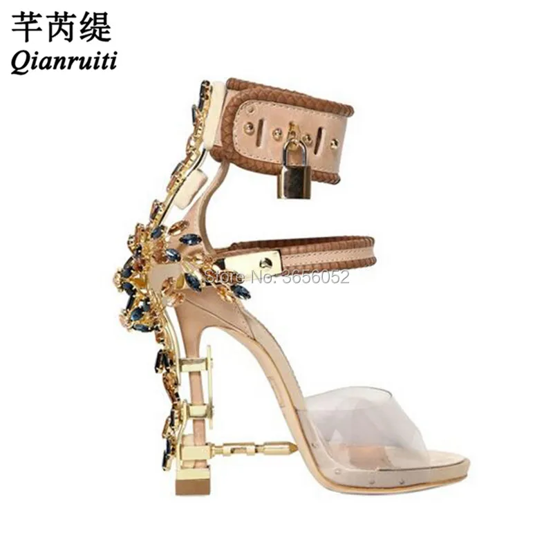 

Qianruiti Luxury Jeweled Gladiator Sandalias Pvc Jelly High Heels Ladies Party Wedding Shoes Padlock Ankle Strap Crystal Sandals