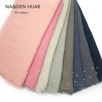 

55 colors fringed with pearl pure color Muslim hijab foulard solid viscose women scarves echarpe shaws 10pcs/lot fast ship