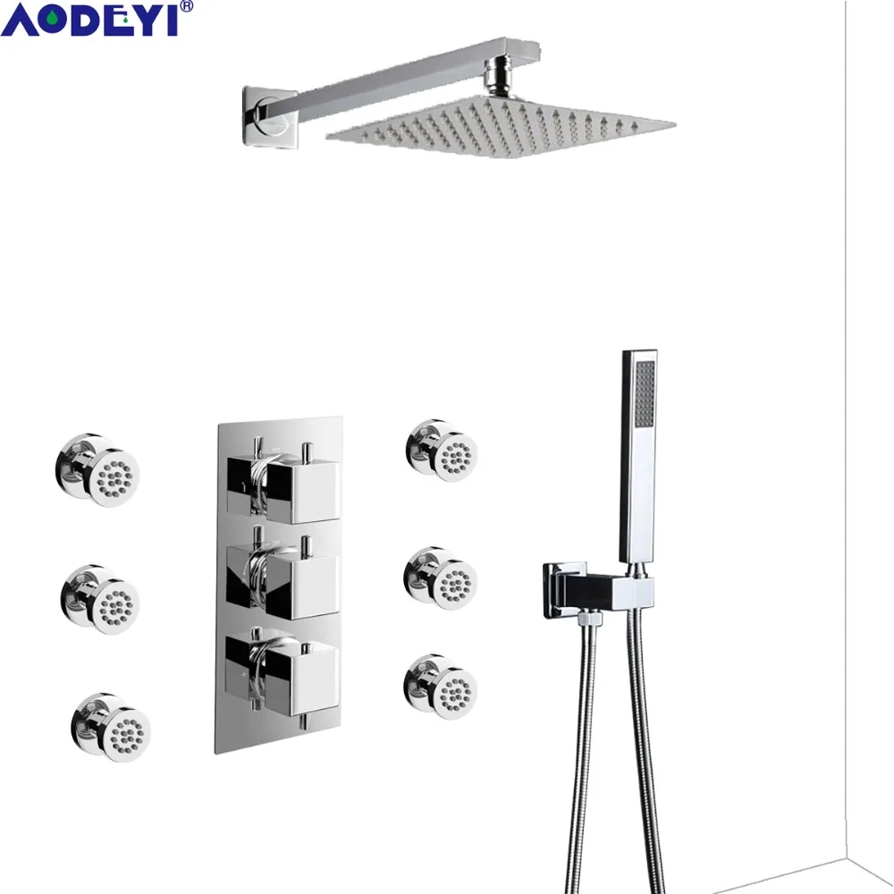 AODEYI Термостатический смеситель для ванной комнаты, комбинированный набор, настенная душевая головка, полированный хром, ручной смеситель