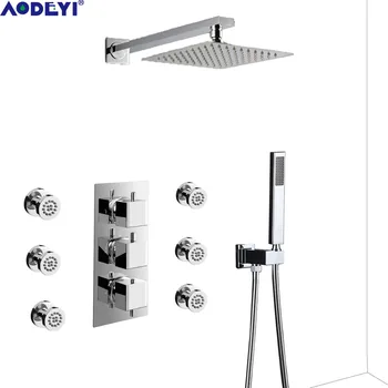 

Thermostatic Shower Faucet Set, 3 Ways Wall Mounted 12" Rainfall Shower Head with Hand Held Sprayer Body Jet, Chrome