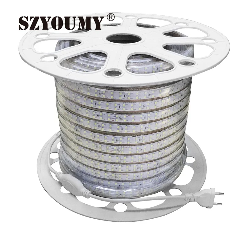 SZYOUMY 200 шт. зажимы + 100 м SMD 2835 180 светодио дный S/M Двухрядные Водонепроницаемый светодио дный полосы 220 В белого цвета с 3 шт. extra power plug